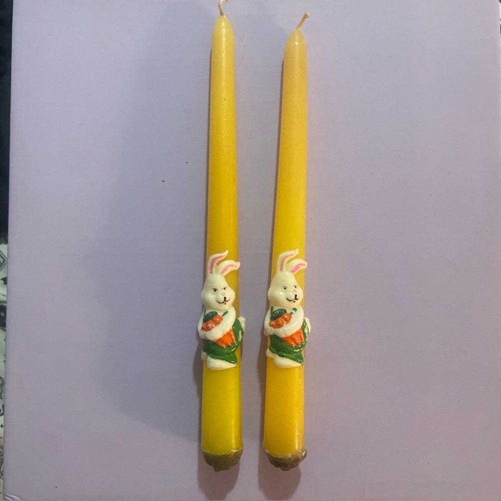 Vintage Easter Taper Candles Pair 10” Yellow w/ Bunny Carrots Never Burnt